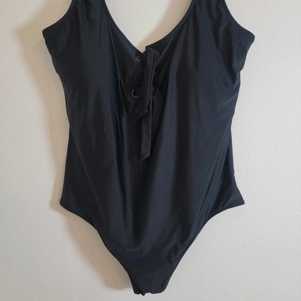 Aerie Womens XL Black Lace Up Front and Back One Piece Swimsuit Vacation Cruise